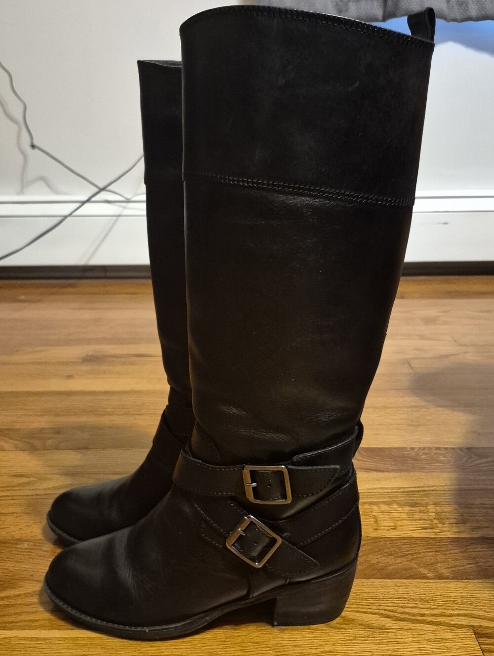 Women's Black Leather Mid-Calf Buckle Heeled Boots